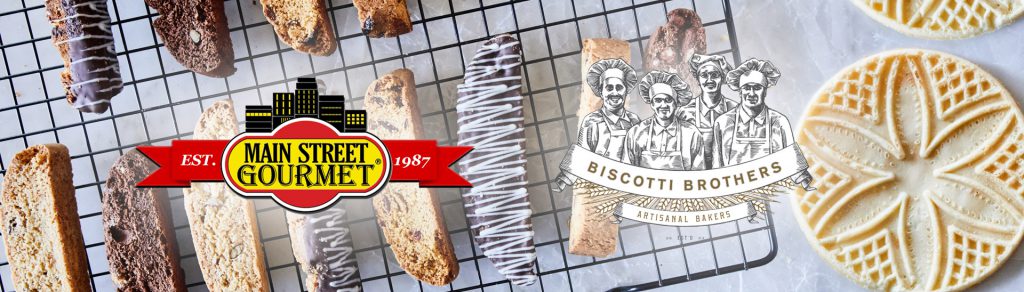 photo of biscotti and pizzelles with Main Street Gourmet logo and Biscotti Brothers logo